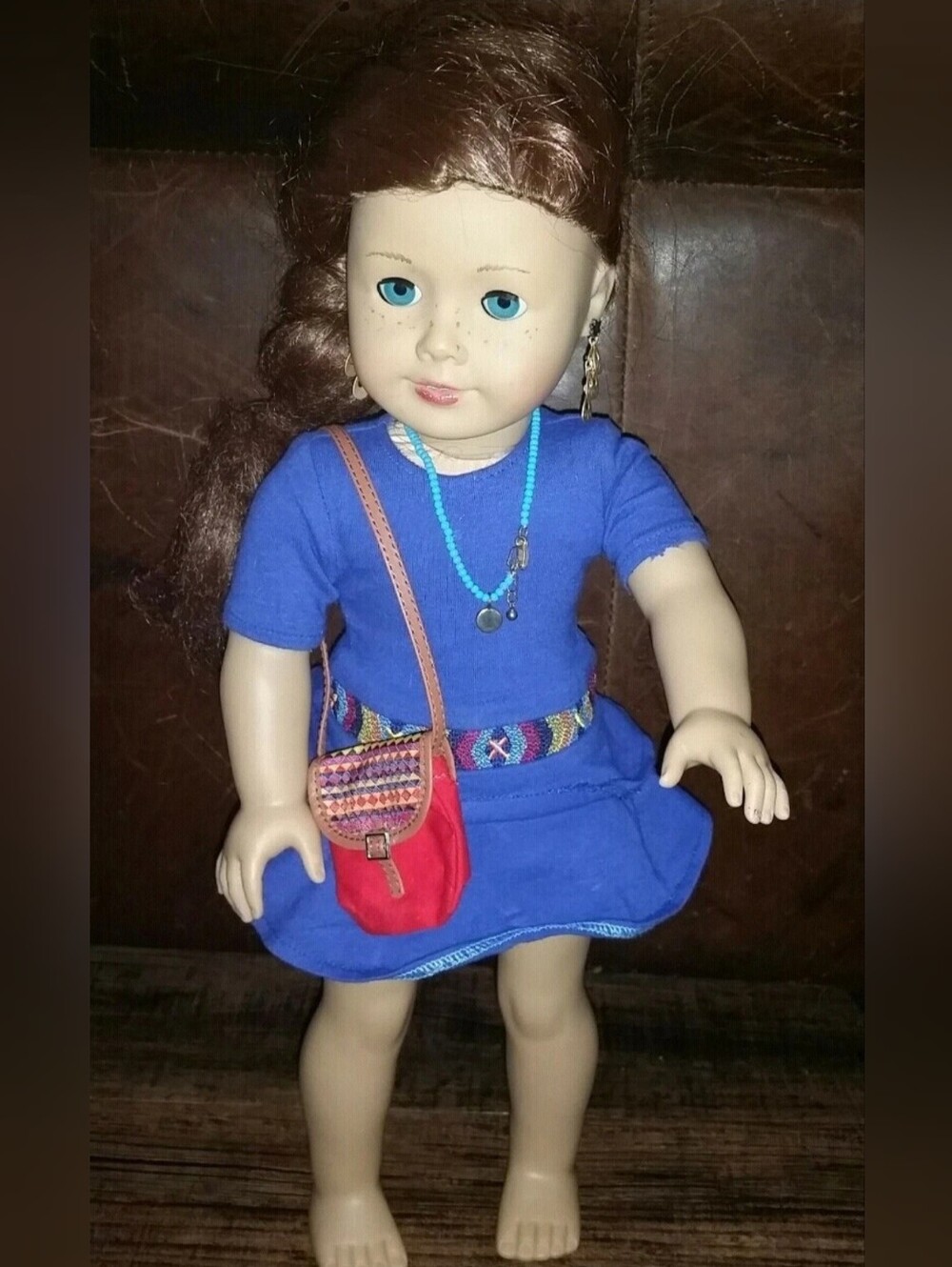 American Girl Saige Blue Dress Doll Red Purse Necklace Earrings